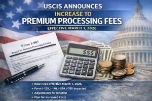 Graphic announcing USCIS premium processing fee increases effective March 1, 2026, impacting Forms I-129, I-140, I-539, and I-765