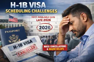 t: Graphic showing H-1B visa scheduling challenges and delays for U.S. consular appointments in India