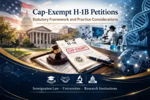 Cap-exempt H-1B petitions article banner featuring university campus, legal documents marked cap-exempt, research laboratory imagery, and U.S. Capitol representing immigration law, universities, and research institutions.