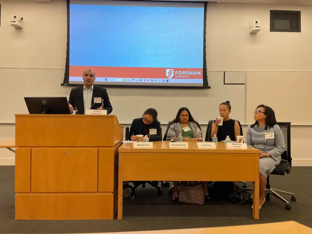 Vishal Chander moderates an AABANY Fall Conference panel on community-centered lawyering at Fordham University School of Law, joined by Rachel Lee, Shivani Parikh, Jack Hsia, and Beatrice Leong.