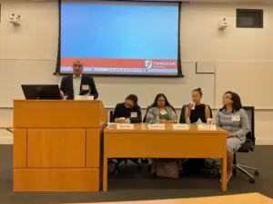 Vishal Chander moderates an AABANY Fall Conference panel on community-centered lawyering at Fordham University School of Law, joined by Rachel Lee, Shivani Parikh, Jack Hsia, and Beatrice Leong.