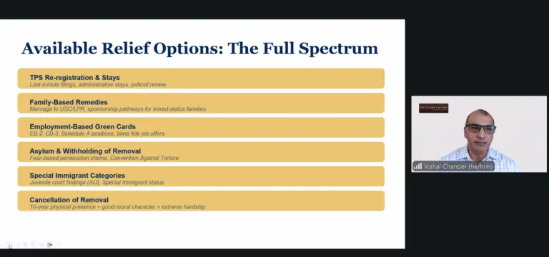 Immigration attorney Vishal Chander speaking during an AABANY and AALDEF webinar on immigration relief options following the loss of Temporary Protected Status.