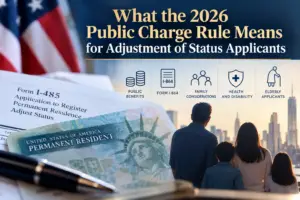 Illustration for the 2026 Public Charge Rule showing Form I-485, a permanent resident card, a U.S. flag, a family, and icons for public benefits, Form I-864, health and disability, and elderly applicants.