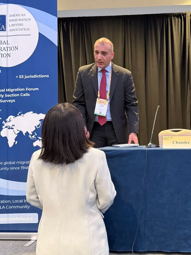 Vishal Chander speaking with an attendee following his AILA Annual Conference panel